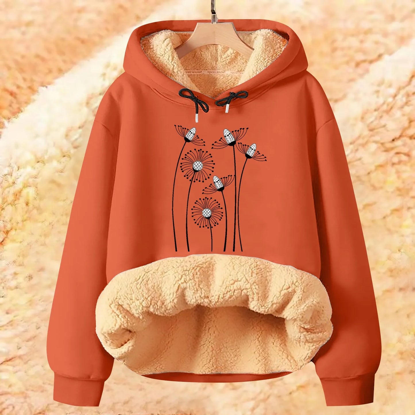 Elegant Flower Design Hoodies Women Large Size Winter Warm Pullovers Fleece Hooded Plush Lined Soft Causal Tops Ladies Clothes