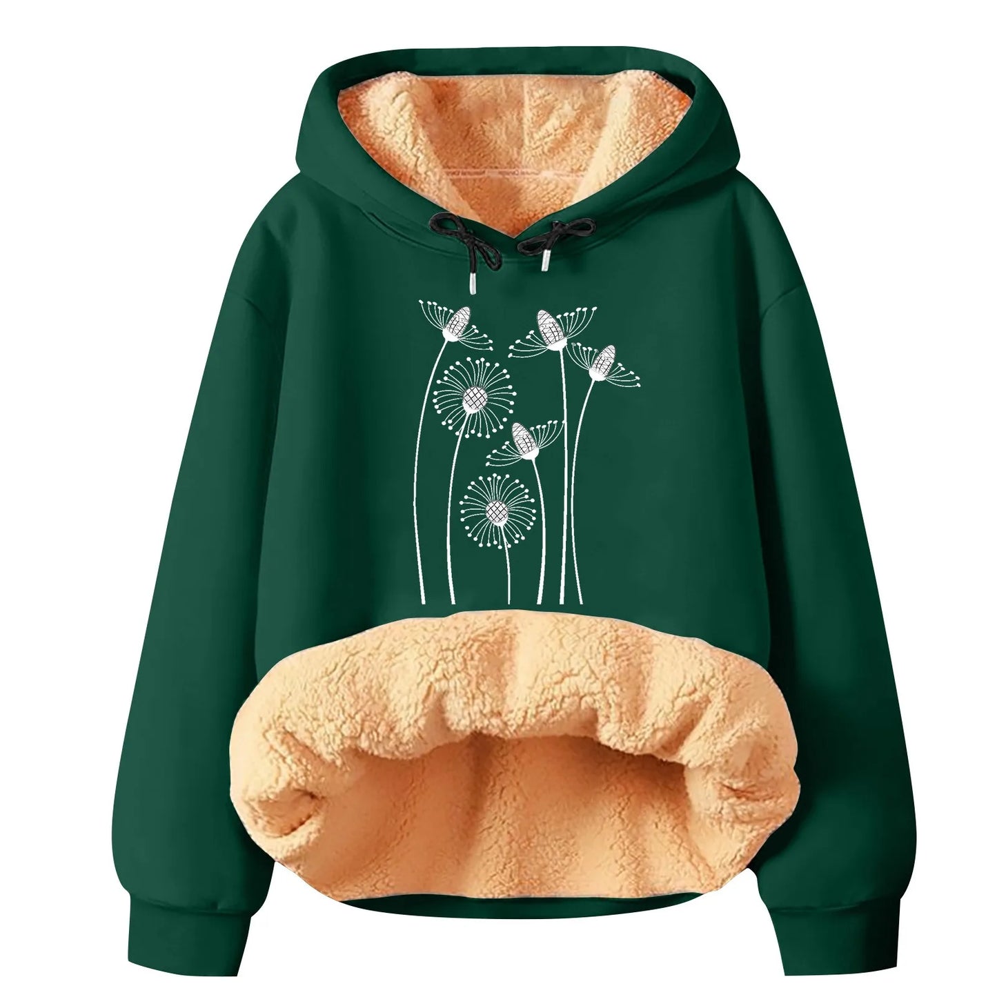 Elegant Flower Design Hoodies Women Large Size Winter Warm Pullovers Fleece Hooded Plush Lined Soft Causal Tops Ladies Clothes