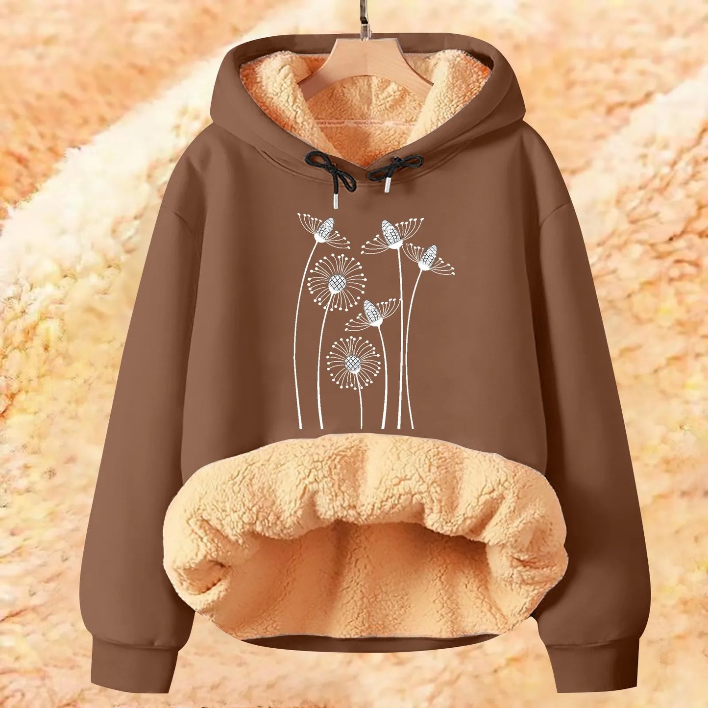 Elegant Flower Design Hoodies Women Large Size Winter Warm Pullovers Fleece Hooded Plush Lined Soft Causal Tops Ladies Clothes