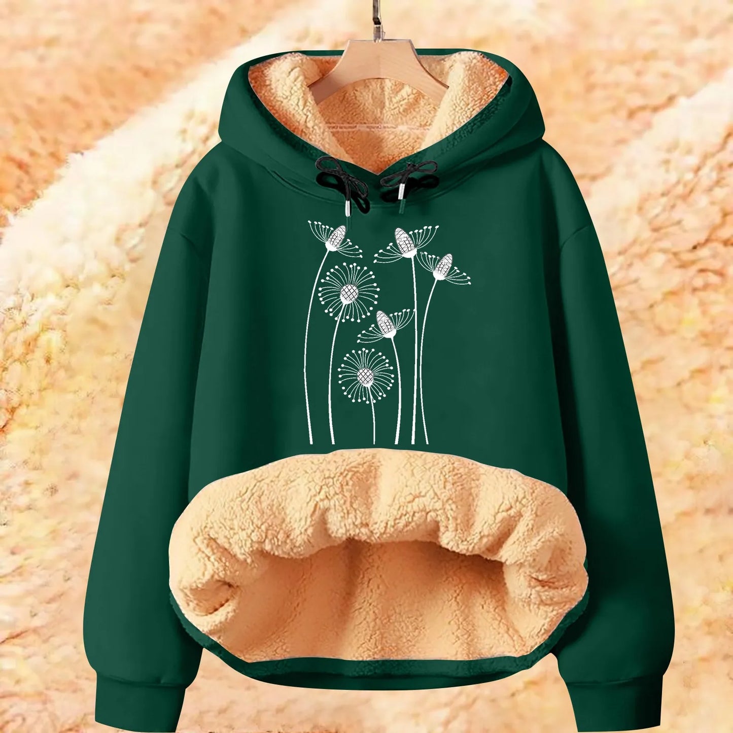 Elegant Flower Design Hoodies Women Large Size Winter Warm Pullovers Fleece Hooded Plush Lined Soft Causal Tops Ladies Clothes