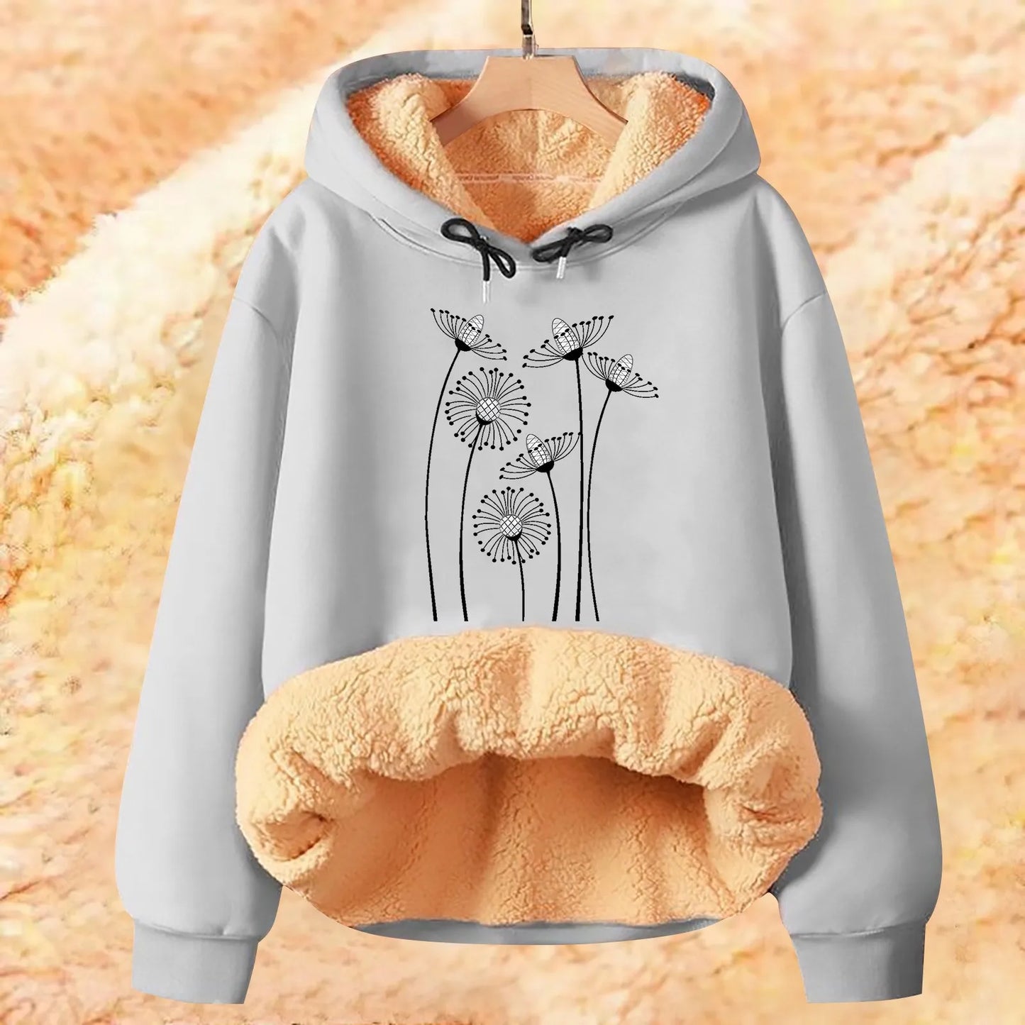 Elegant Flower Design Hoodies Women Large Size Winter Warm Pullovers Fleece Hooded Plush Lined Soft Causal Tops Ladies Clothes