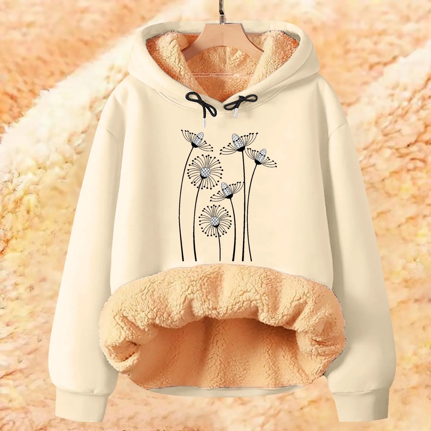 Elegant Flower Design Hoodies Women Large Size Winter Warm Pullovers Fleece Hooded Plush Lined Soft Causal Tops Ladies Clothes